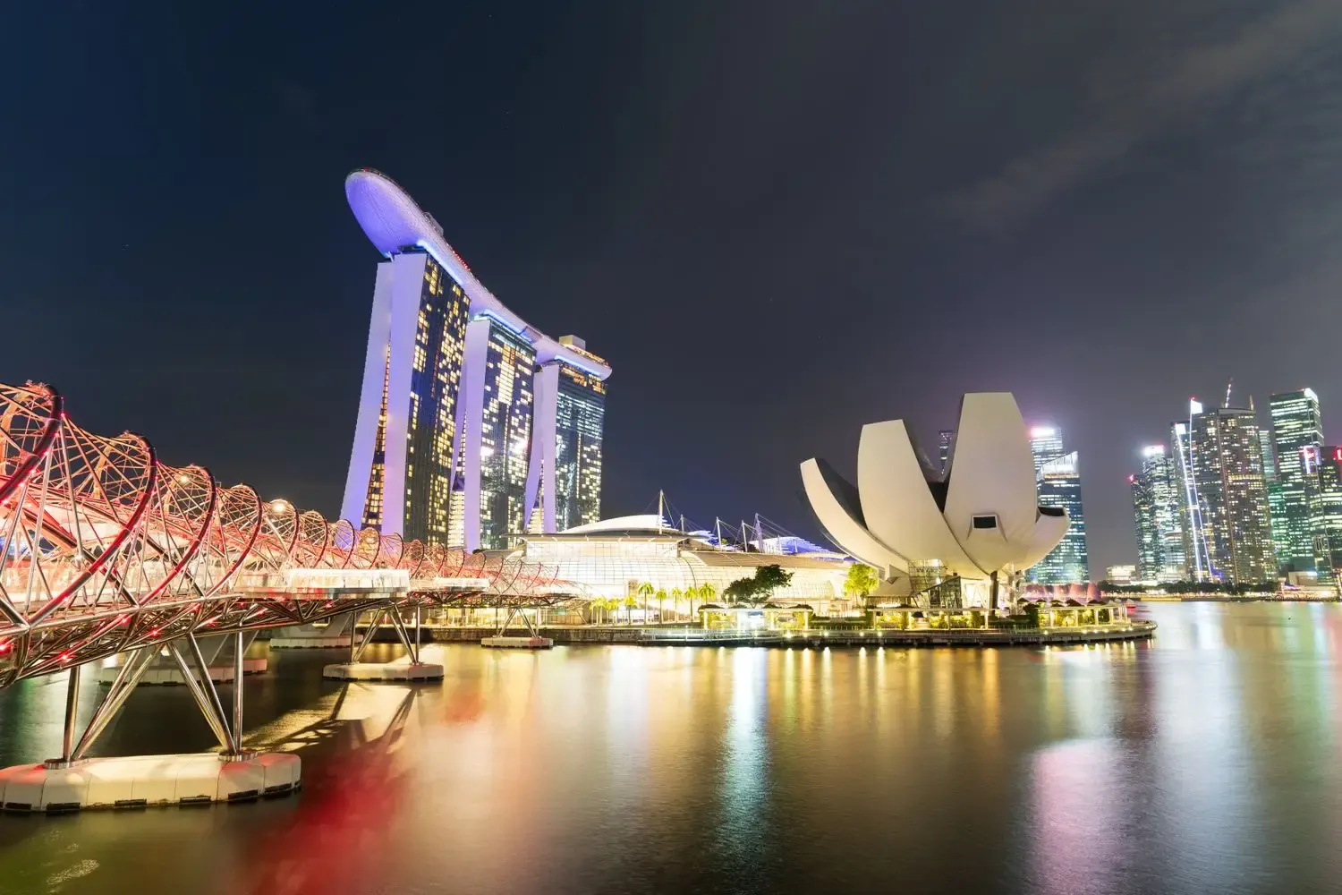 Waterfront skyline with illuminated architecture